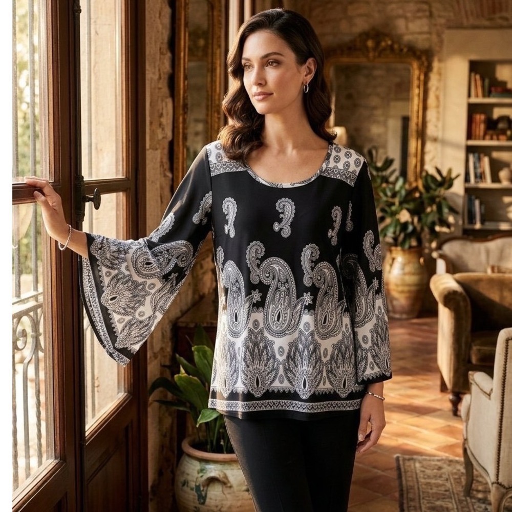 Melissa Paige Black White Paisley Bell Sleeve Tunic Top XL Scoop Neck Blouse